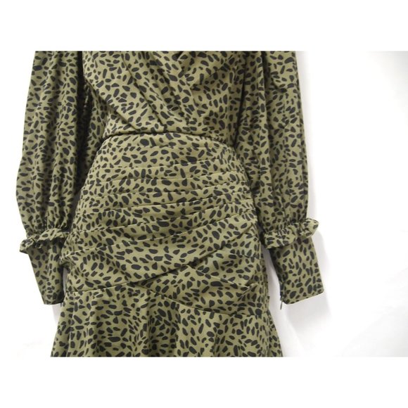 Walter Baker Womens Dress 4 Olive Green Animal Spot Long Sleeve Pleated Wrap - Picture 4 of 8